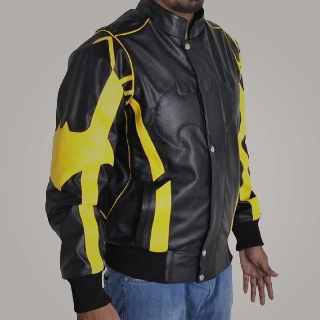 Men's Batman Black Leather Jacket with Bat Logo Design Superhero Costume Style