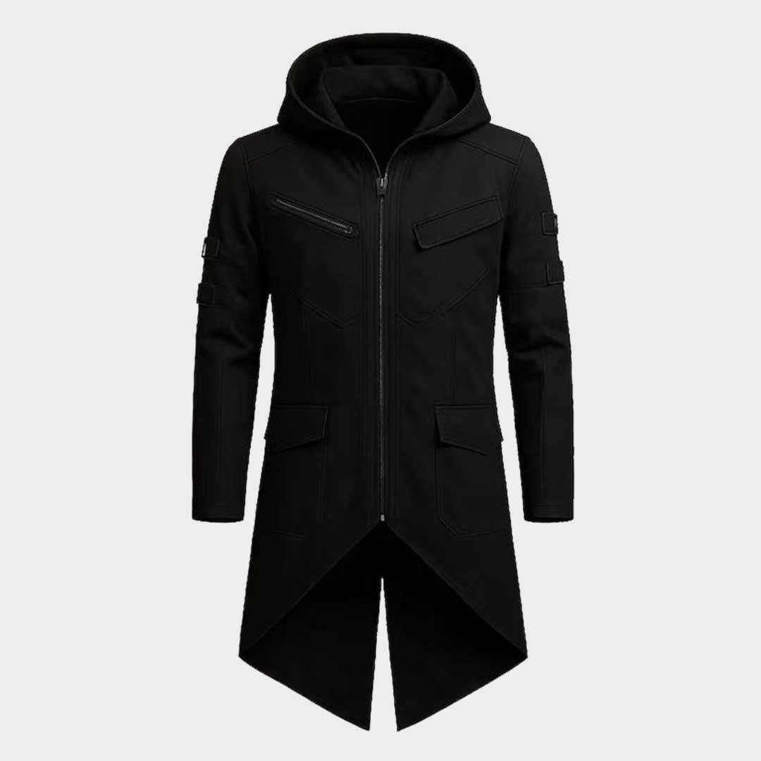 Men's Black Cotton Cyberpunk Long Coat Gothic Techwear Hooded Streetwear Jacket