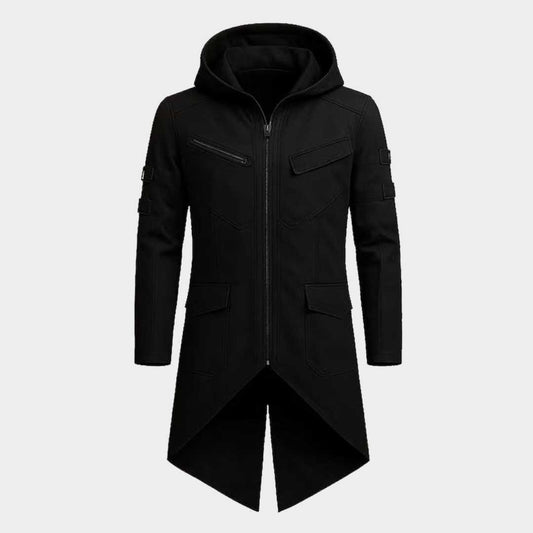 Men's Black Cotton Cyberpunk Long Coat Gothic Techwear Hooded Streetwear Jacket