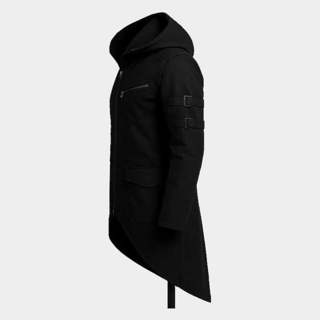 Men's Black Cotton Cyberpunk Long Coat Gothic Techwear Hooded Streetwear Jacket