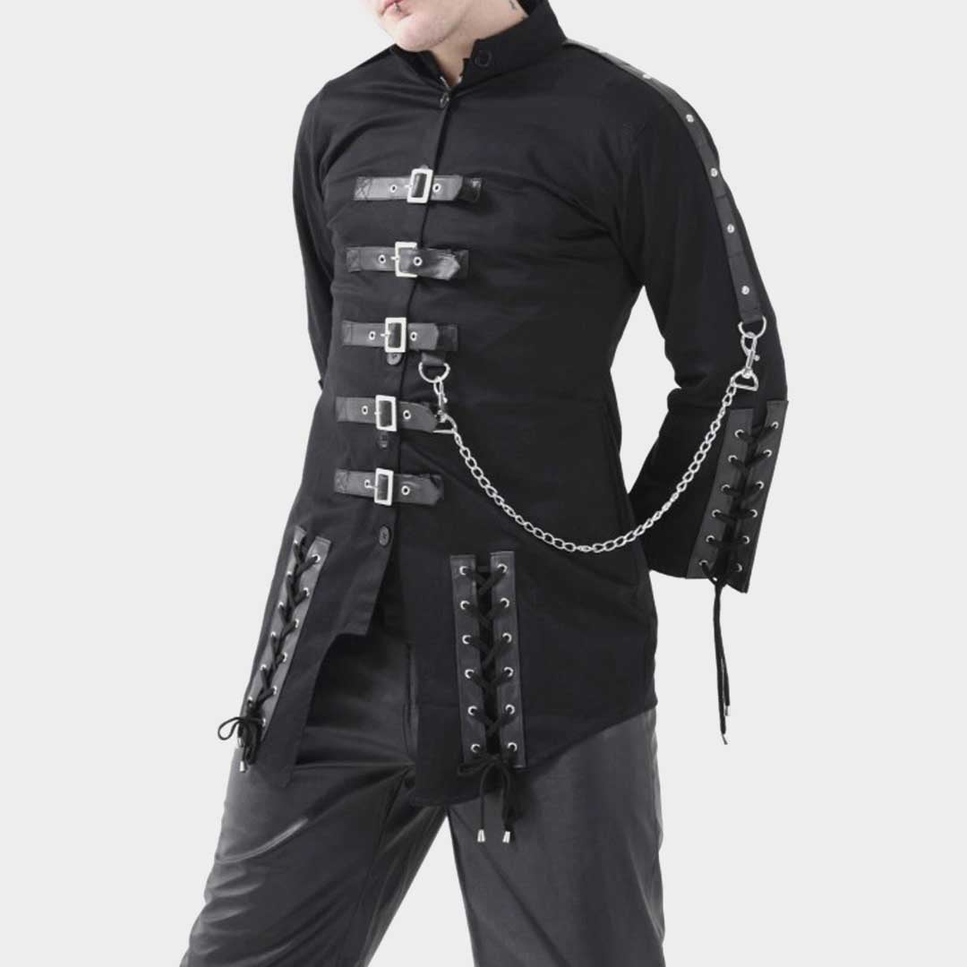 Men's Black Dead Threads Gothic Jacket with Corseting Chain EMO Cyber Style