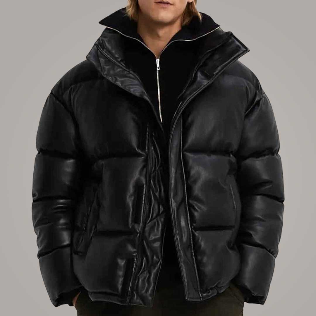 Men's Black Faux Leather Puffer Jacket Front View by Jackets Kingdom