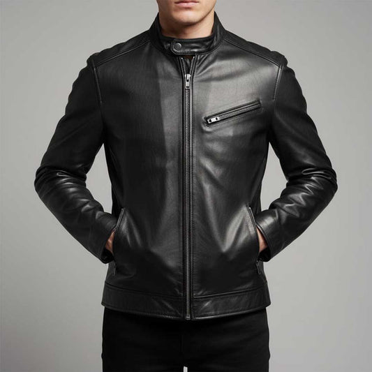 Men's Black Leather Jacket with Stand Collar Moto Style