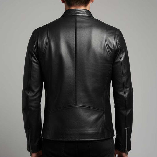 Men's Black Leather Jacket with Stand Collar Moto Style