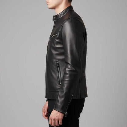 Men's Black Leather Jacket with Stand Collar Moto Style