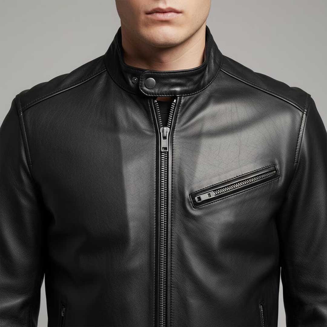 Men's Black Leather Jacket with Stand Collar Moto Style