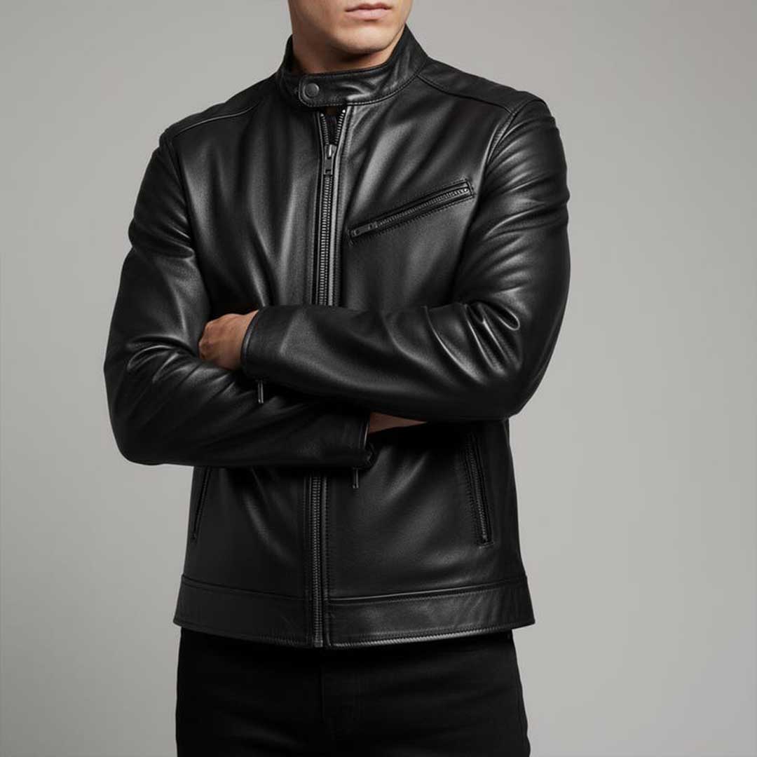 Men's Black Leather Jacket with Stand Collar Moto Style