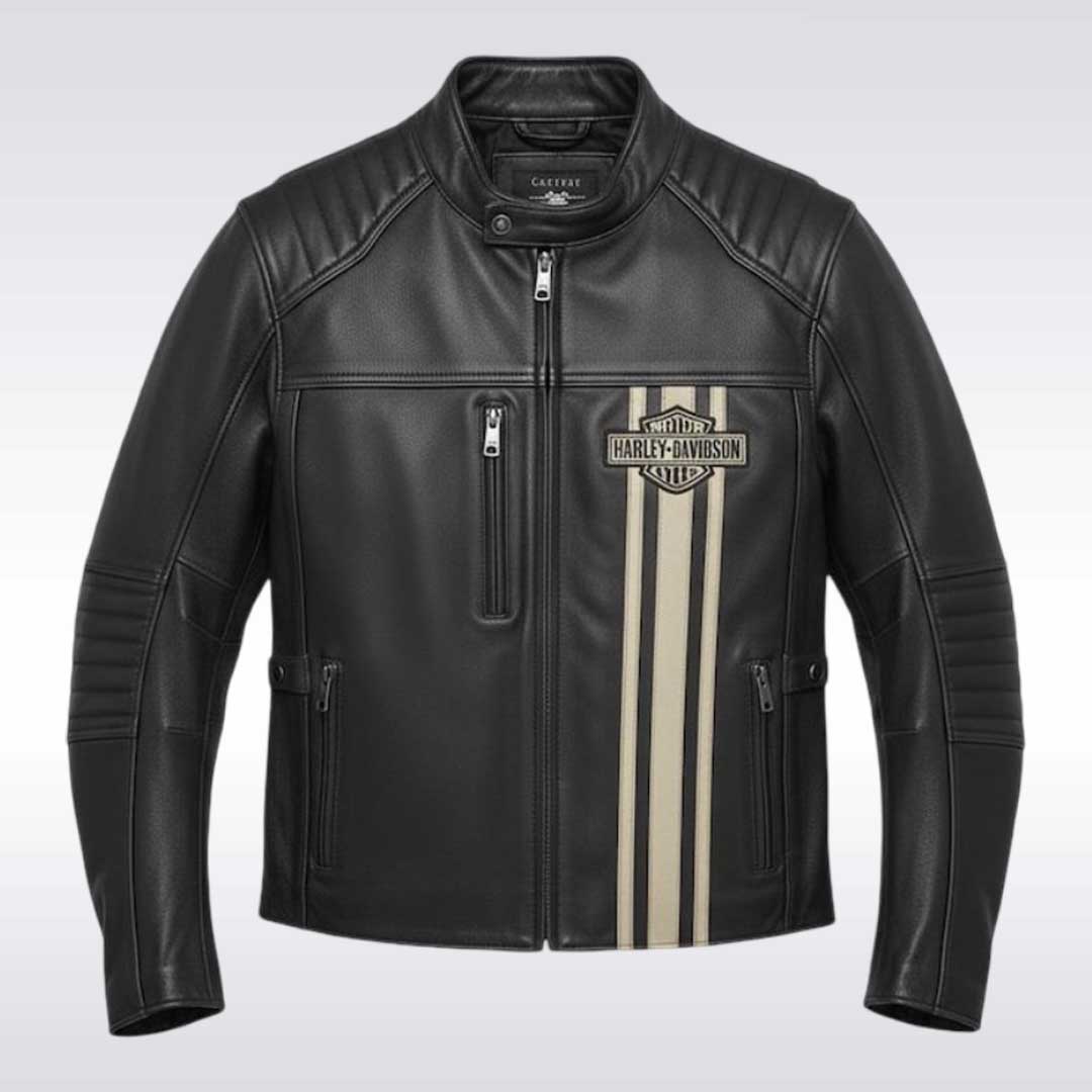 Men's Black Leather Motorcycle Jacket with Harley Davidson Style