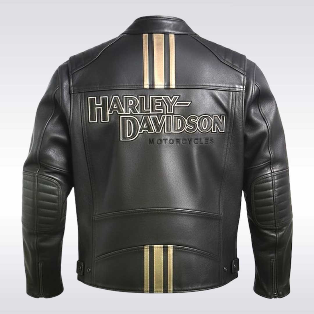 Men's Black Leather Motorcycle Jacket with Harley Davidson Style