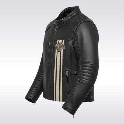 Men's Black Leather Motorcycle Jacket with Harley Davidson Style
