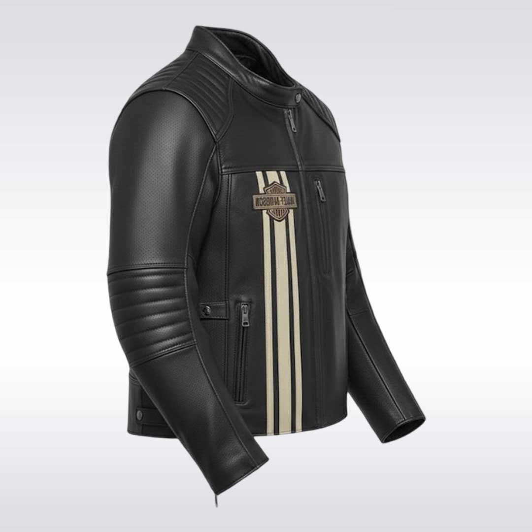 Men's Black Leather Motorcycle Jacket with Harley Davidson Style