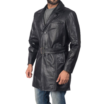 Men's Black Sheepskin Leather Trench Coat