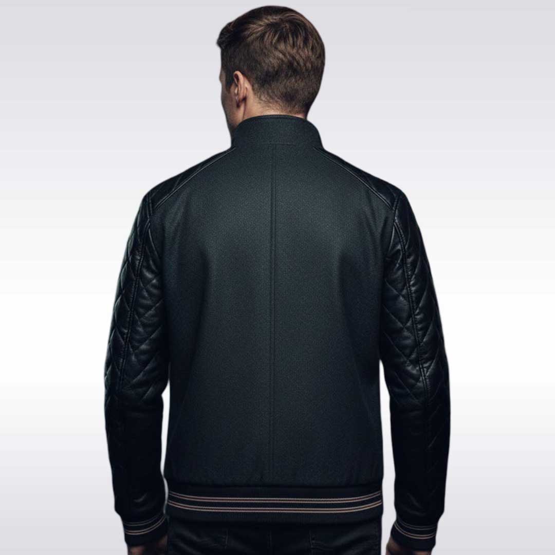 Men's Black Quilted Leather Moto Varsity Jacket Wool Blend