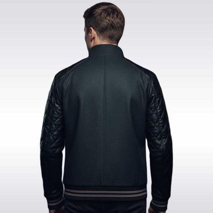Men's Black Quilted Leather Moto Varsity Jacket Wool Blend