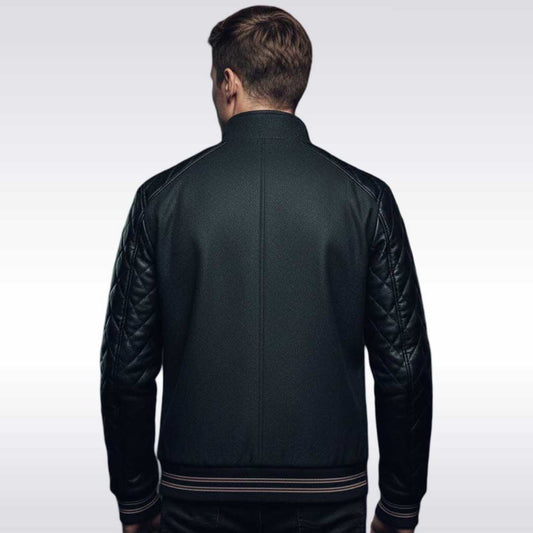 Men's Black Quilted Leather Moto Varsity Jacket Wool Blend