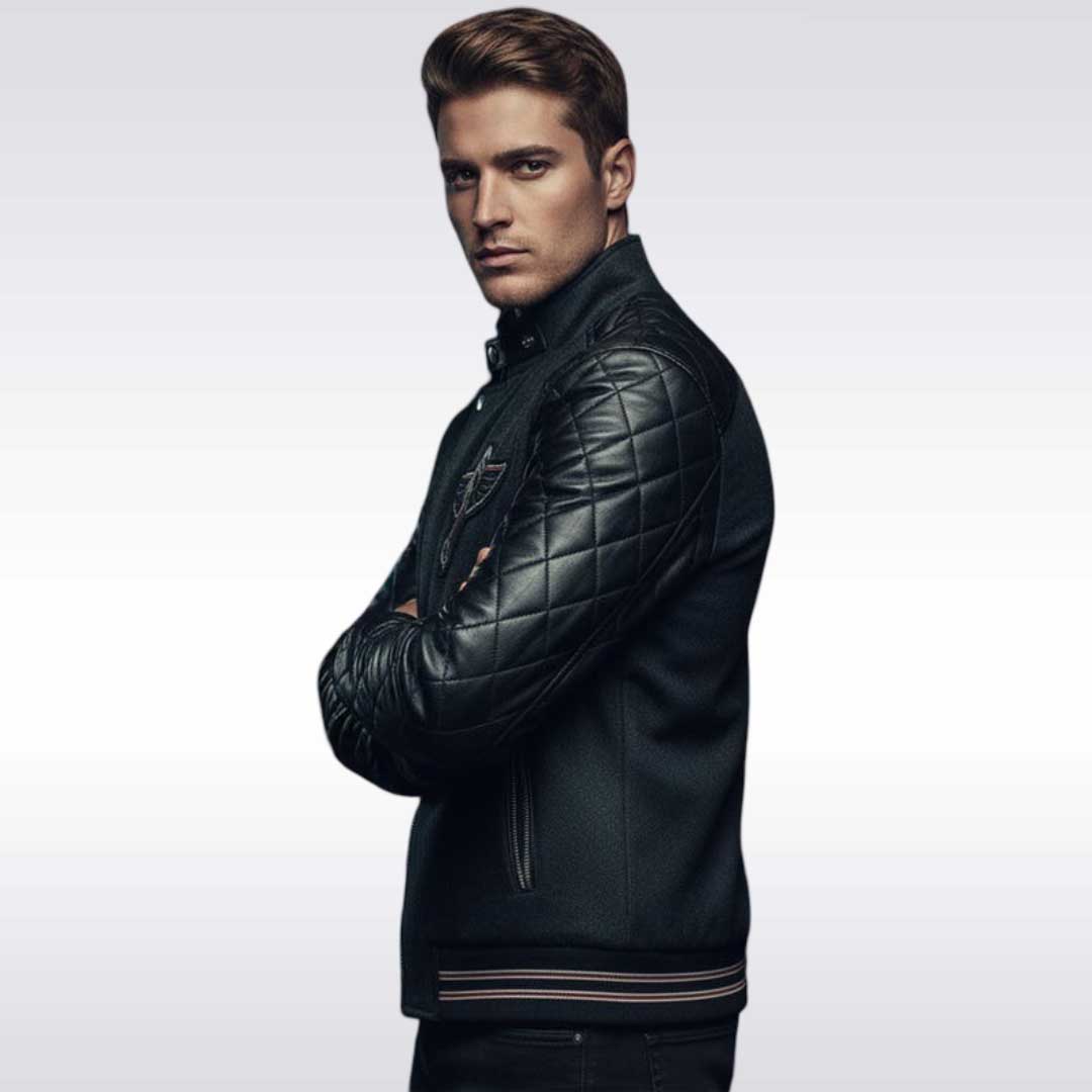 Men's Black Quilted Leather Moto Varsity Jacket Wool Blend