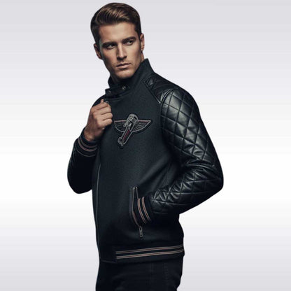Men's Black Quilted Leather Moto Varsity Jacket Wool Blend