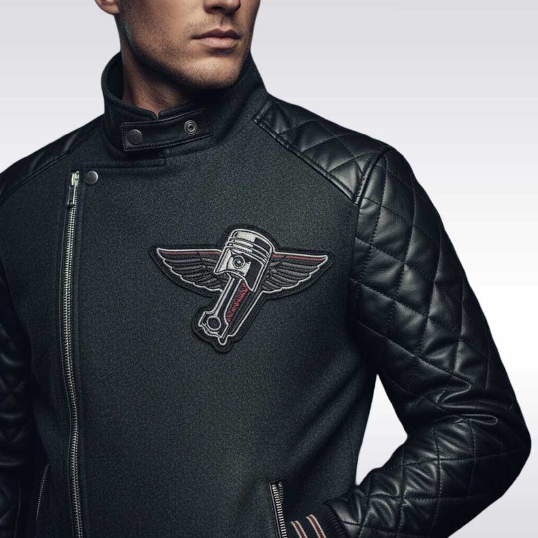 Men's Black Quilted Leather Moto Varsity Jacket Wool Blend