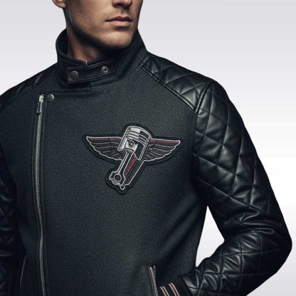 Men's Black Quilted Leather Moto Varsity Jacket Wool Blend