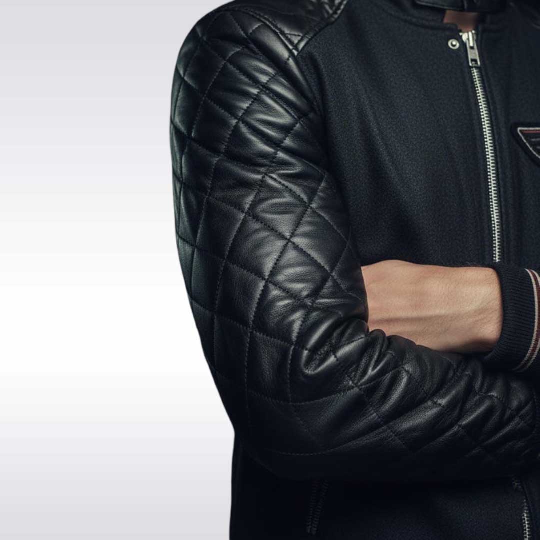 Men's Black Quilted Leather Moto Varsity Jacket Wool Blend