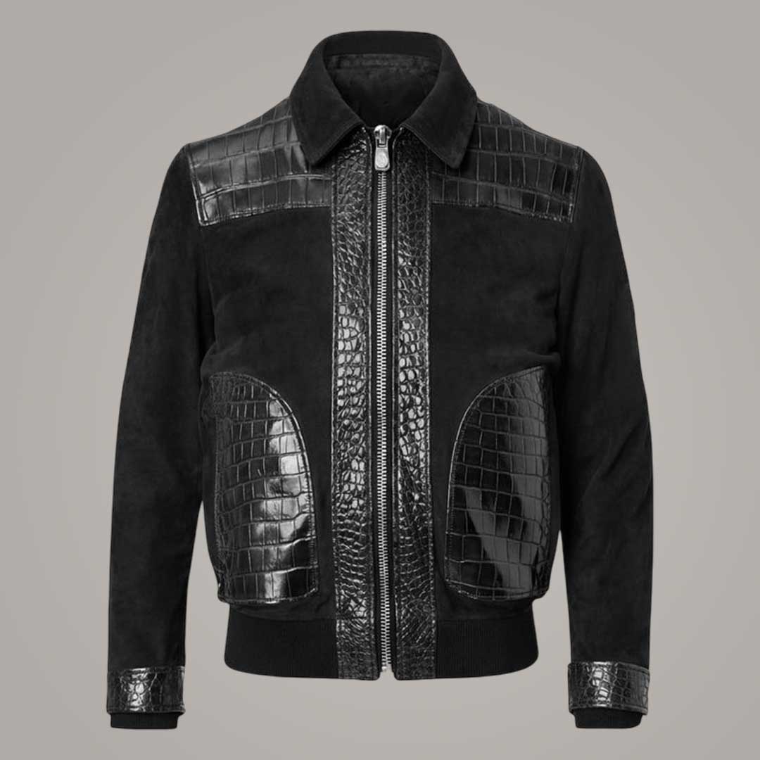 Men's Black Suede Leather Bomber Jacket with Crocodile Embossed