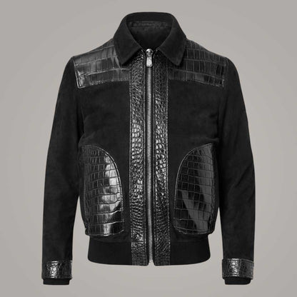 Men's Black Suede Leather Bomber Jacket with Crocodile Embossed