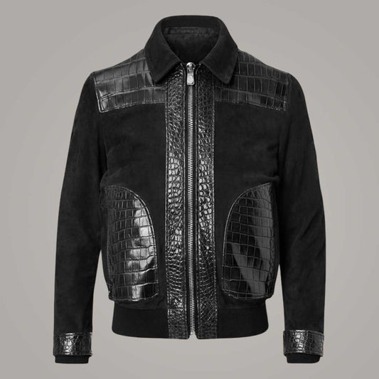 Men's Black Suede Leather Bomber Jacket with Crocodile Embossed