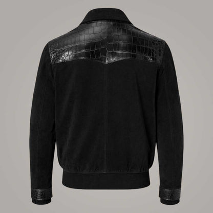 Men's Black Suede Leather Bomber Jacket with Crocodile Embossed