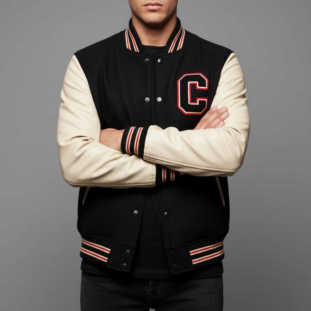 Men's Black and Cream Varsity Jacket with Leather Sleeves
