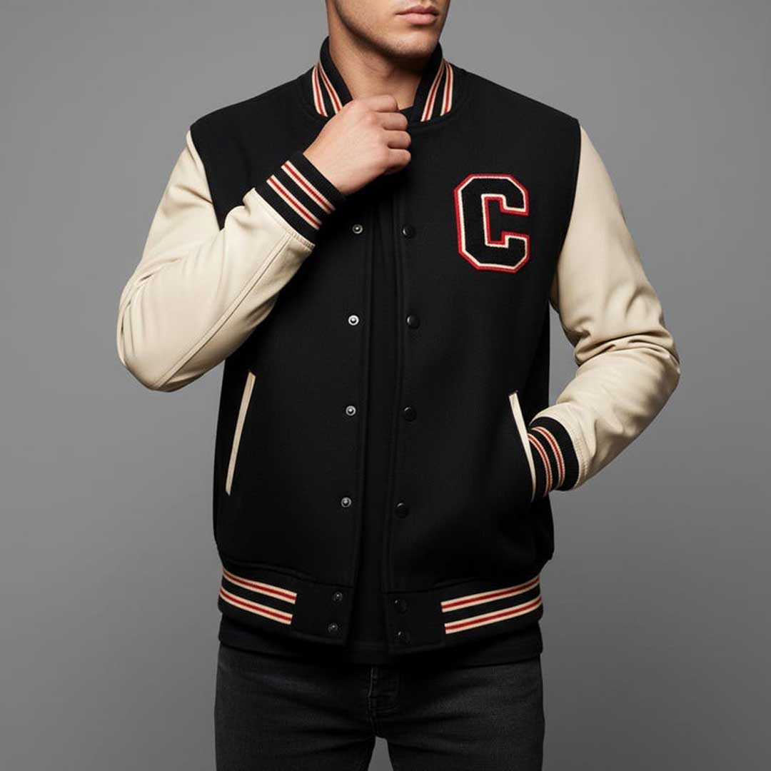 Men's Black and Cream Varsity Jacket with Leather Sleeves