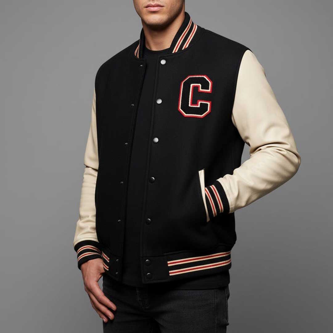 Men's Black and Cream Varsity Jacket with Leather Sleeves