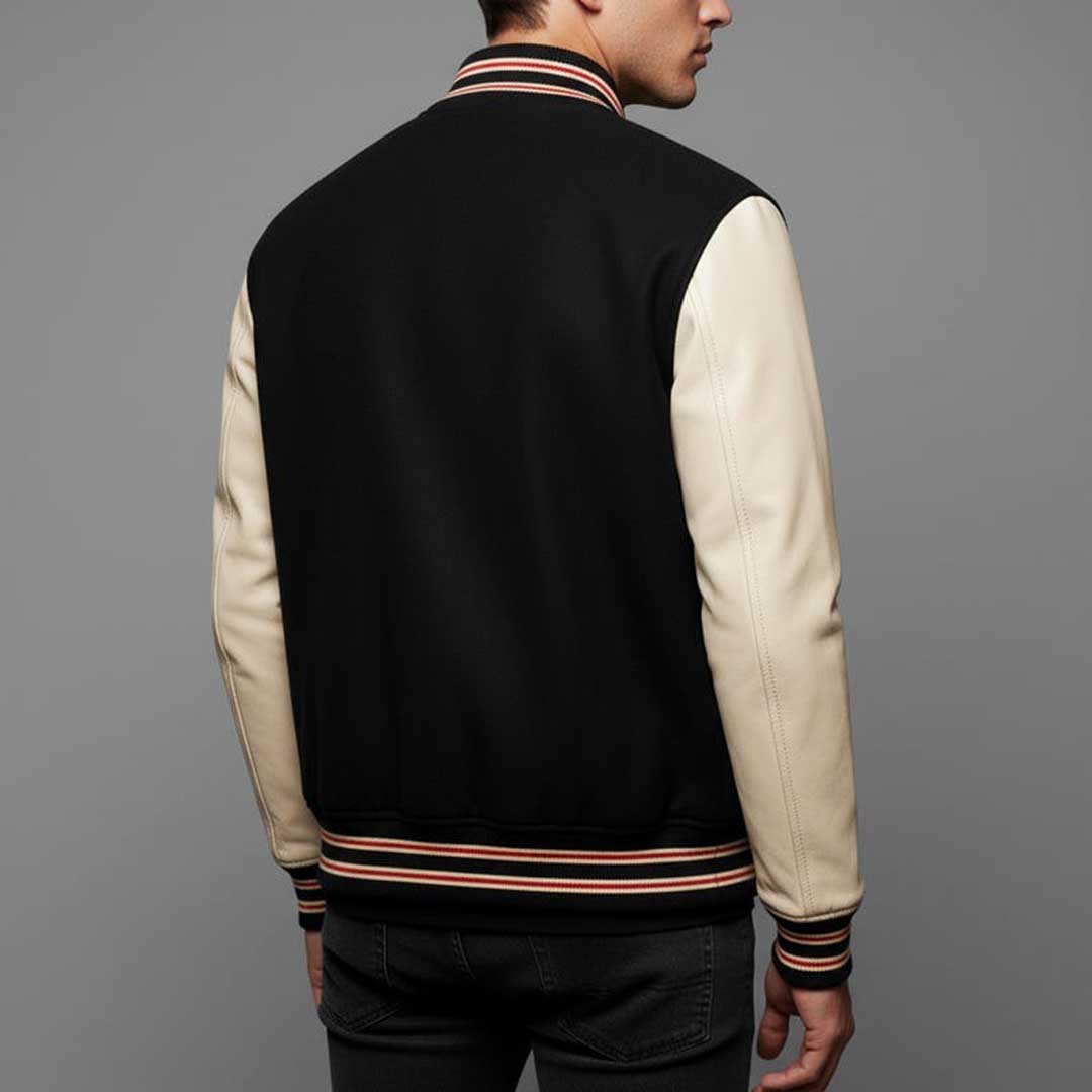 Men's Black and Cream Varsity Jacket with Leather Sleeves