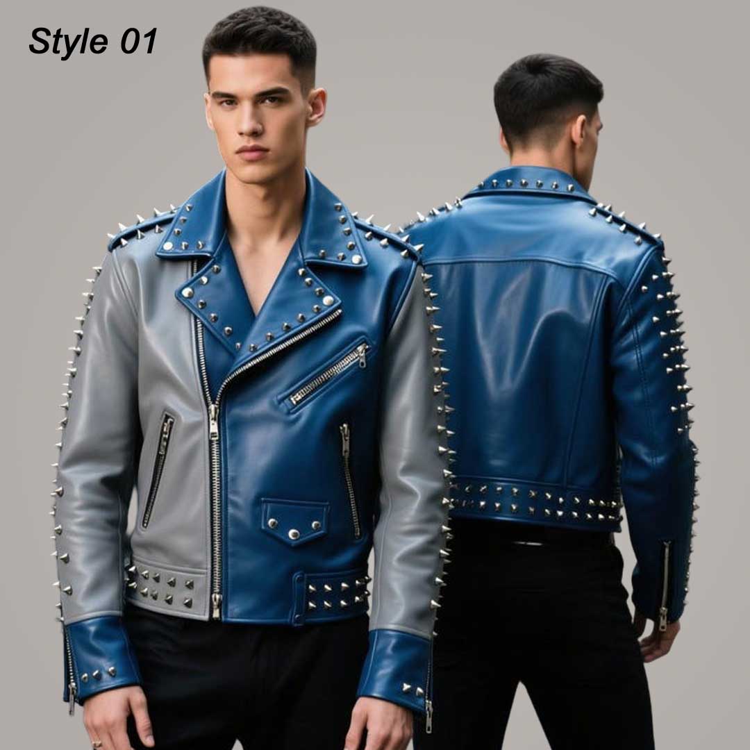 Men's Blue Grey Spiked Leather Biker Jacket Studded Moto Jacket in 3 Style
