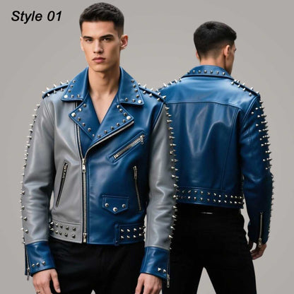 Men's Blue Grey Spiked Leather Biker Jacket Studded Moto Jacket in 3 Style