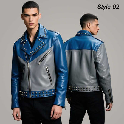 Men's Blue Grey Spiked Leather Biker Jacket Studded Moto Jacket in 3 Style