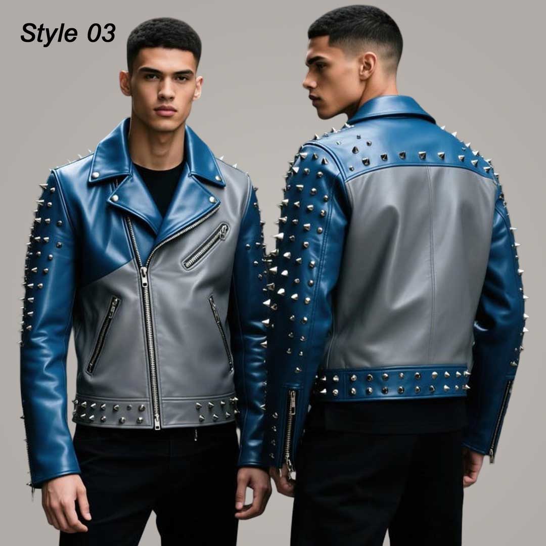 Men's Blue Grey Spiked Leather Biker Jacket Studded Moto Jacket in 3 Style