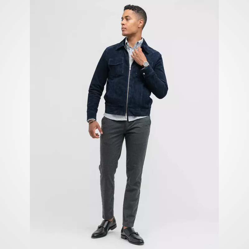 Men's Blue Suede Leather Cafe Racer Jacket