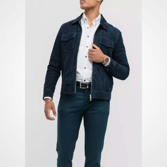 Men's Blue Suede Leather Cafe Racer Jacket