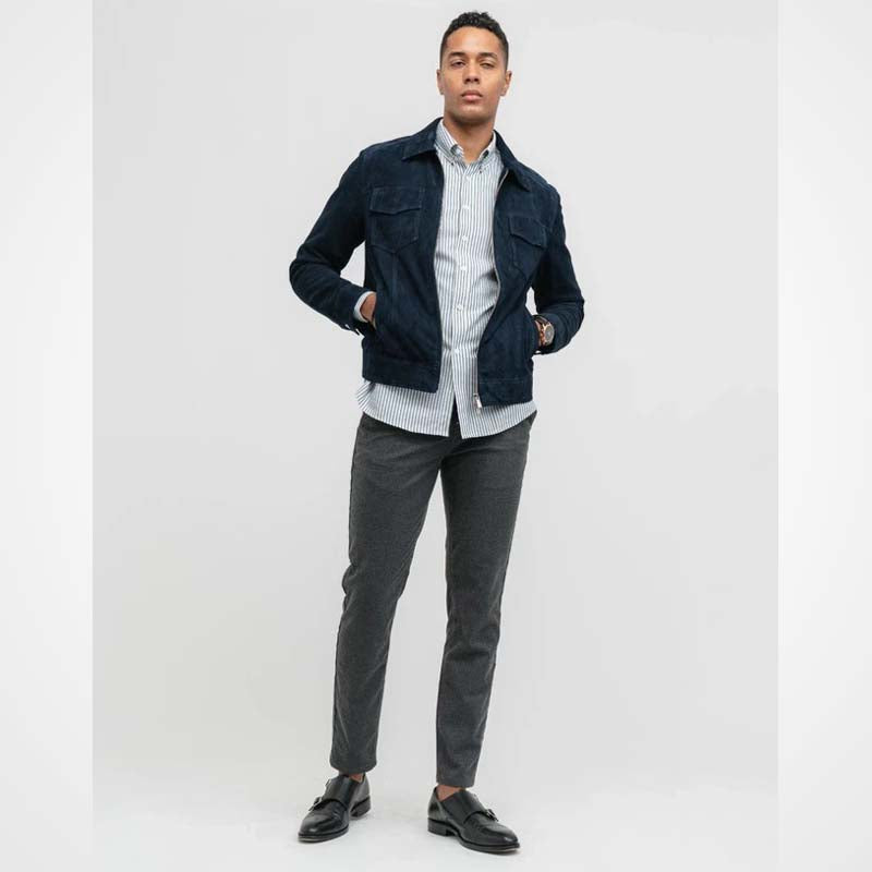 Men's Blue Suede Leather Cafe Racer Jacket