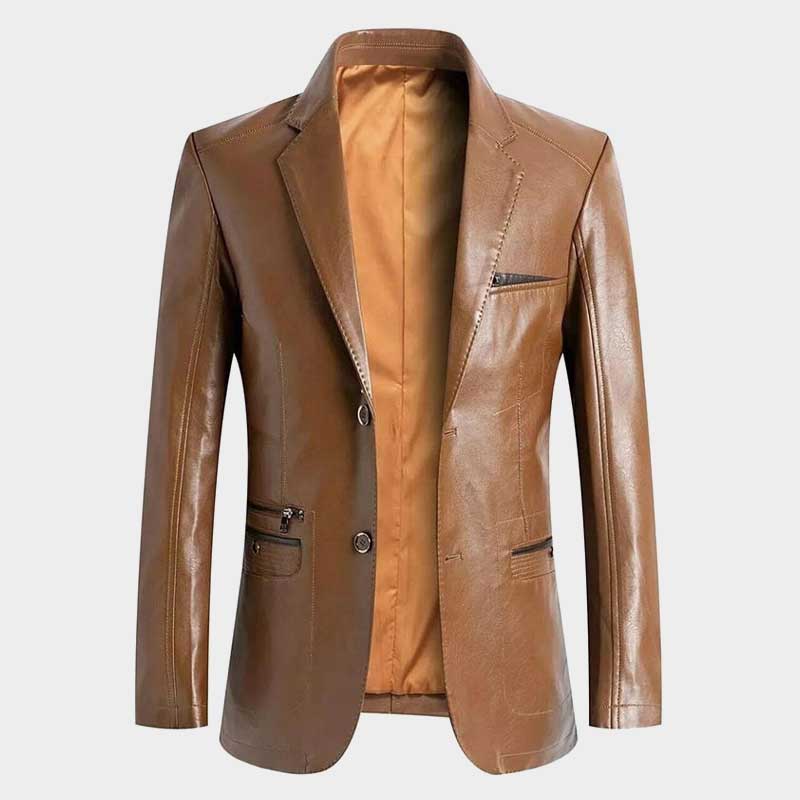Men's Brown Lambskin Leather Blazer Jacket for Business and Wedding showing tailored fit and elegant design