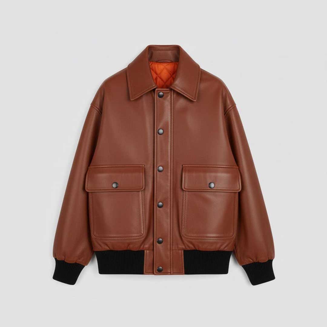 Men's Brown Leather Bomber Jacket with Lapel Collar Relaxed Fit