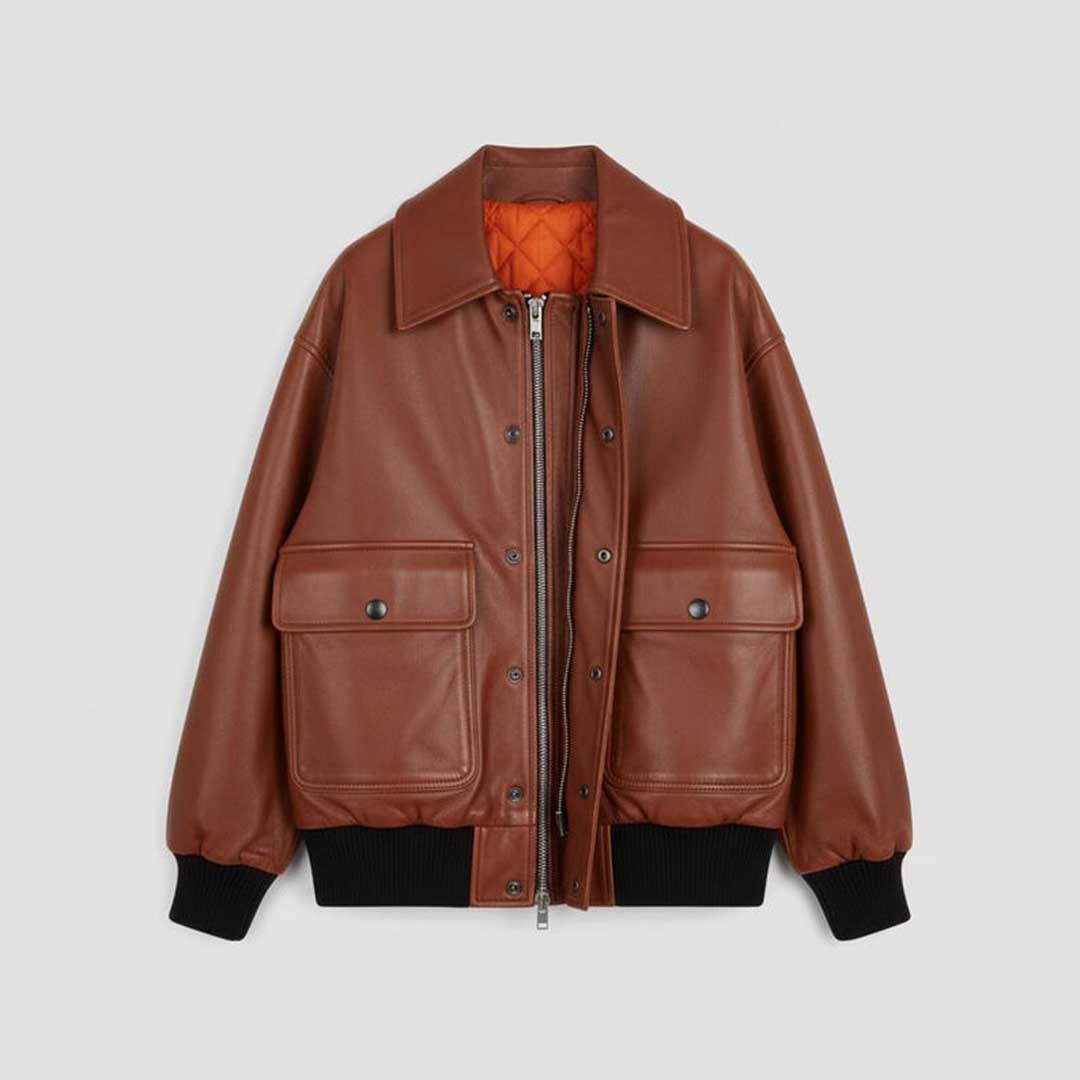 Men's Brown Leather Bomber Jacket with Lapel Collar Relaxed Fit