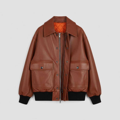 Men's Brown Leather Bomber Jacket with Lapel Collar Relaxed Fit