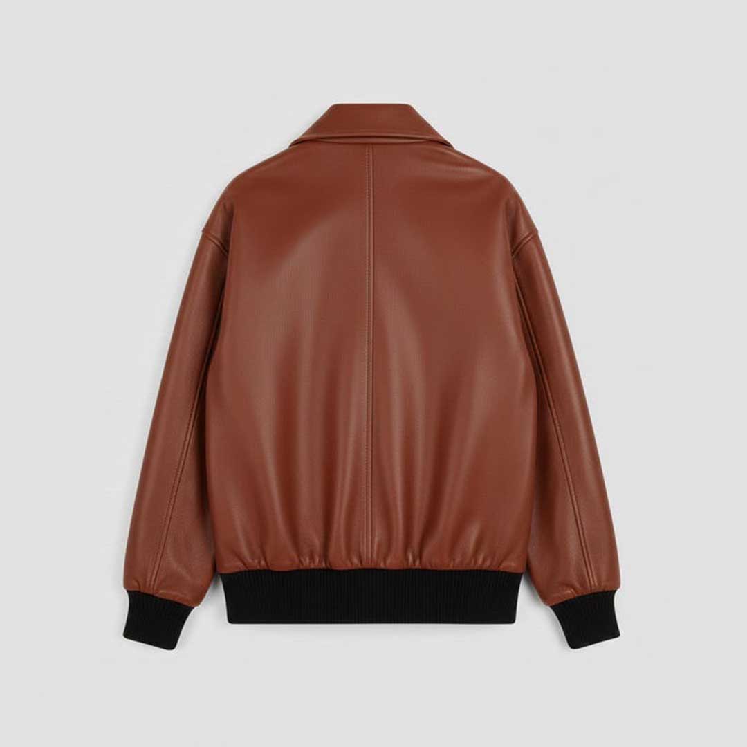 Men's Brown Leather Bomber Jacket with Lapel Collar Relaxed Fit