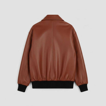 Men's Brown Leather Bomber Jacket with Lapel Collar Relaxed Fit