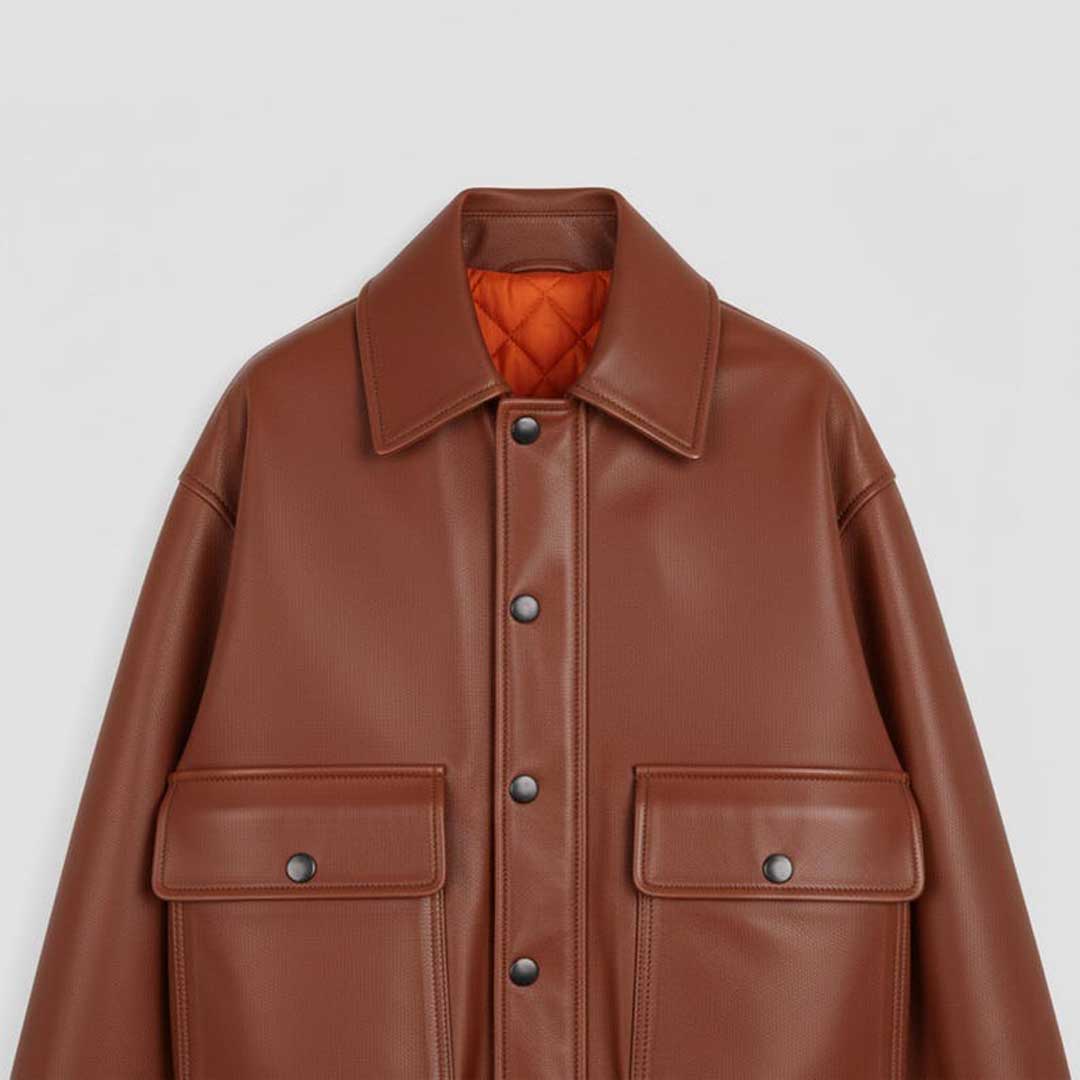 Men's Brown Leather Bomber Jacket with Lapel Collar Relaxed Fit