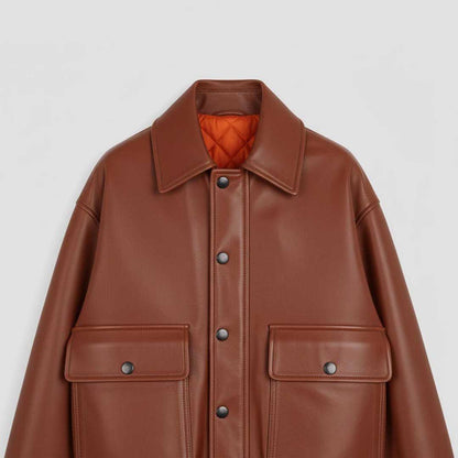 Men's Brown Leather Bomber Jacket with Lapel Collar Relaxed Fit