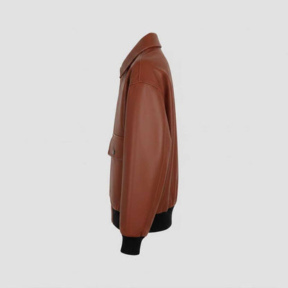 Men's Brown Leather Bomber Jacket with Lapel Collar Relaxed Fit