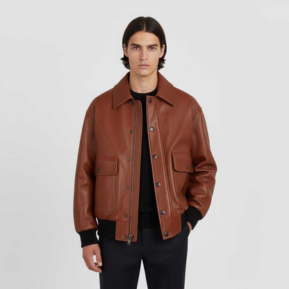 Men's Brown Leather Bomber Jacket with Lapel Collar Relaxed Fit