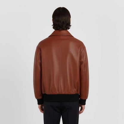 Men's Brown Leather Bomber Jacket with Lapel Collar Relaxed Fit